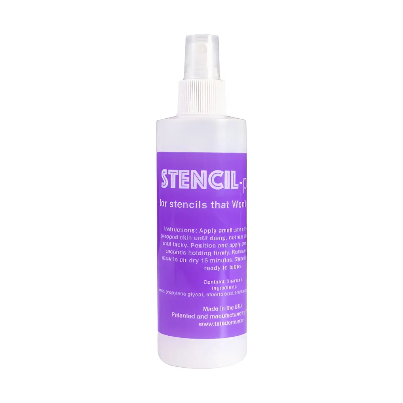 A clear plastic 120ml inkjet prep spray bottle with a white nozzle and purple stencil-c label for stencils