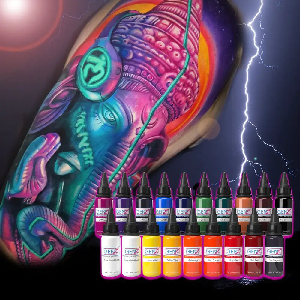 A vibrant array of Intenze Gen-Z tattoo ink bottles in 19 assorted colors neatly arranged for display
