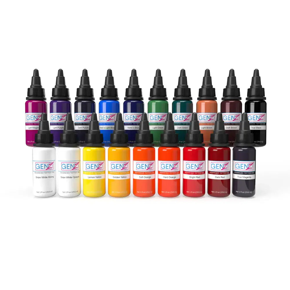 A vibrant set of 19 genz tattoo ink bottles by intenz with assorted colors and black caps for professional use