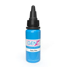 A vibrant blue genz tattoo ink bottle with a black dropper cap labeled baby blue for advanced tattoo use