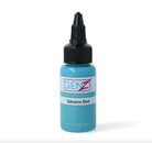 A small translucent turquoise bottle of INTENZE GEN-Z bahama blue tattoo ink with a black ridged screw-on cap