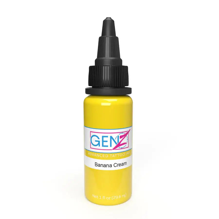 A vibrant yellow genz tattoo ink bottle with black dropper cap labeled banana cream by INTENZE for tattoo use