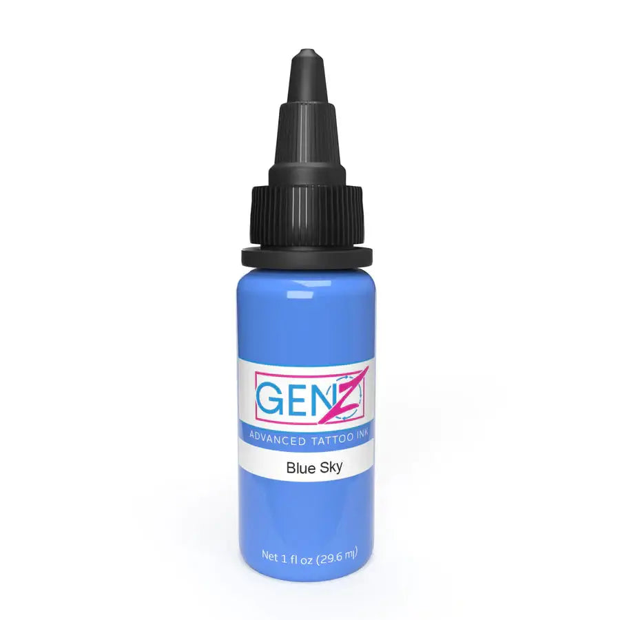 A vibrant blue Intenze gen-z tattoo ink bottle with black dropper cap labeled blue sky new formula 2023
