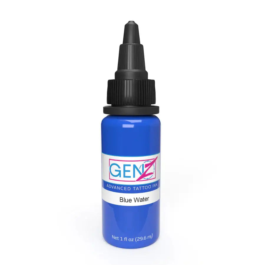 A vibrant blue Intenze Gen-Z blue water tattoo ink bottle with black dropper cap and labeled new formula 2023