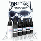 Set of six intenze gen-z bob tyrrell tattoo ink bottles in black grey and white with black caps and gen logo labels