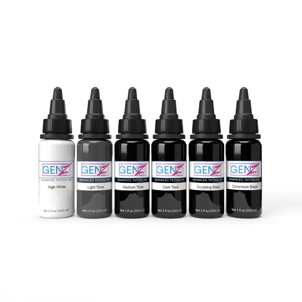 Set of six Intenze Gen-Z Bob Tyrrell black and grey tattoo ink bottles in shades from high white to dimension black