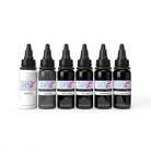 Set of six Intenze Gen-Z Bob Tyrrell black and grey tattoo ink bottles in shades from high white to dimension black