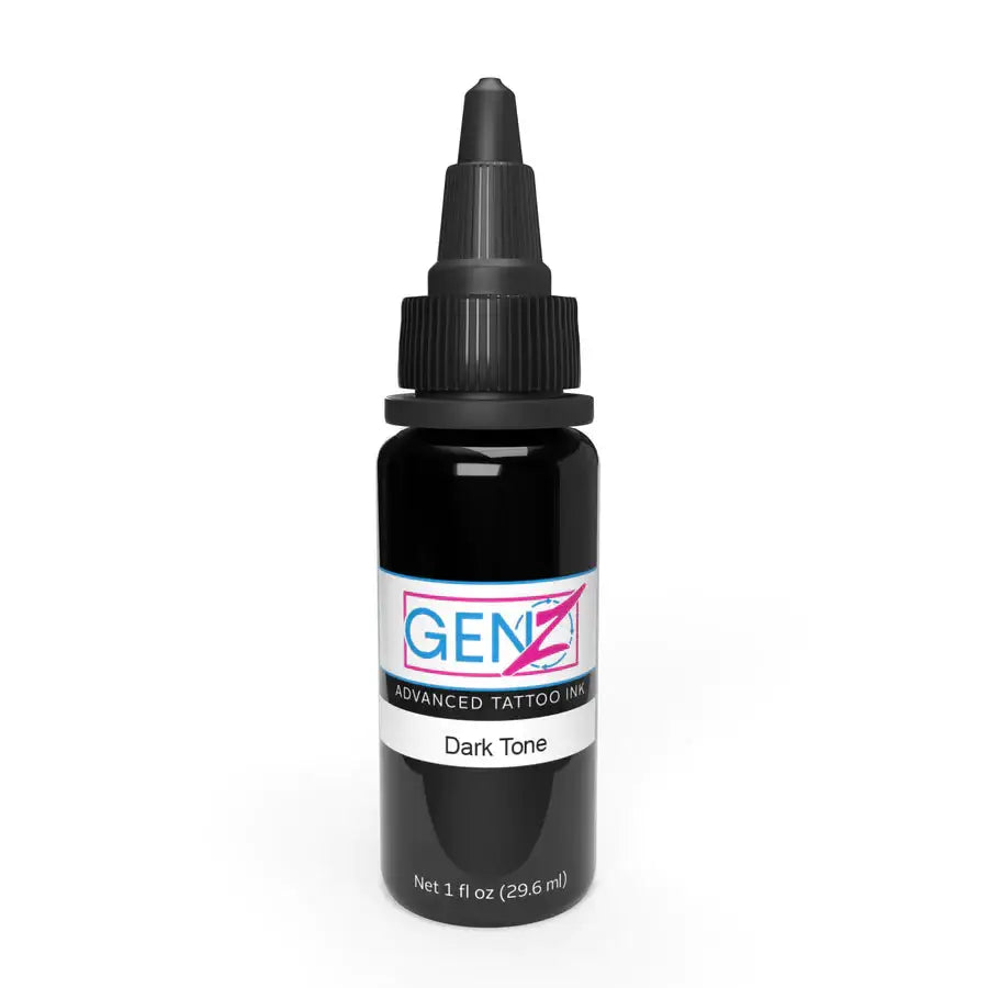 Intenze gen-z bob tyrrell black and grey tattoo ink bottle dark tone 1 fl oz with black dropper cap and label