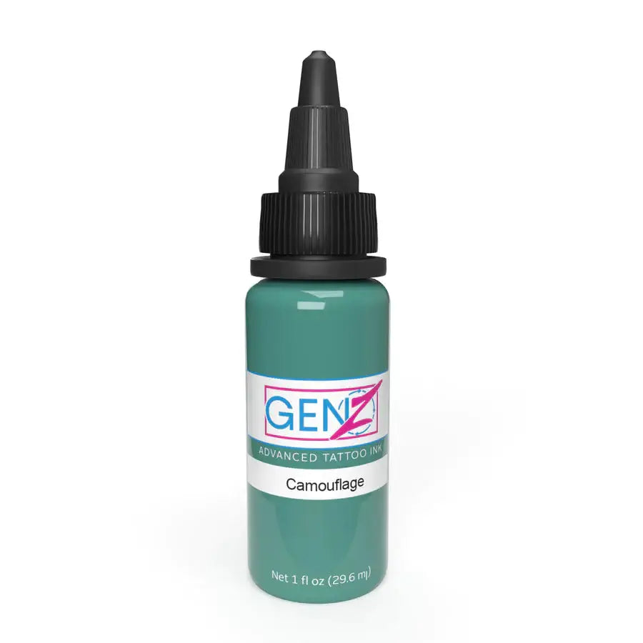 A teal INTENZE GEN-Z camouflage tattoo ink bottle with a black dropper cap and new formula 2023 label