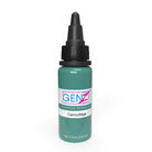 A teal INTENZE GEN-Z camouflage tattoo ink bottle with a black dropper cap and new formula 2023 label