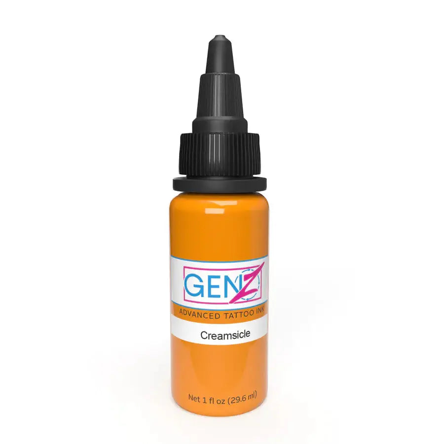 A vibrant orange INTENZE gen-z creamsicle tattoo ink bottle with black dropper cap and detailed label