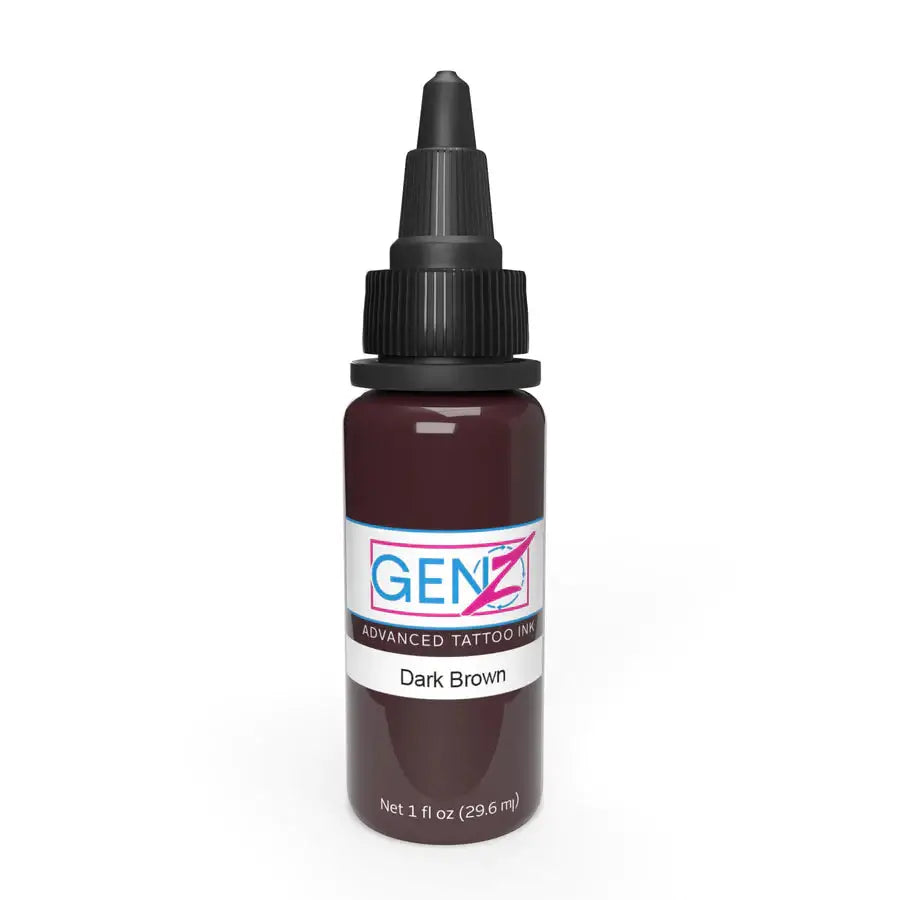Intenze gen-z dark brown tattoo ink bottle with black dropper cap featuring new 2023 advanced formula
