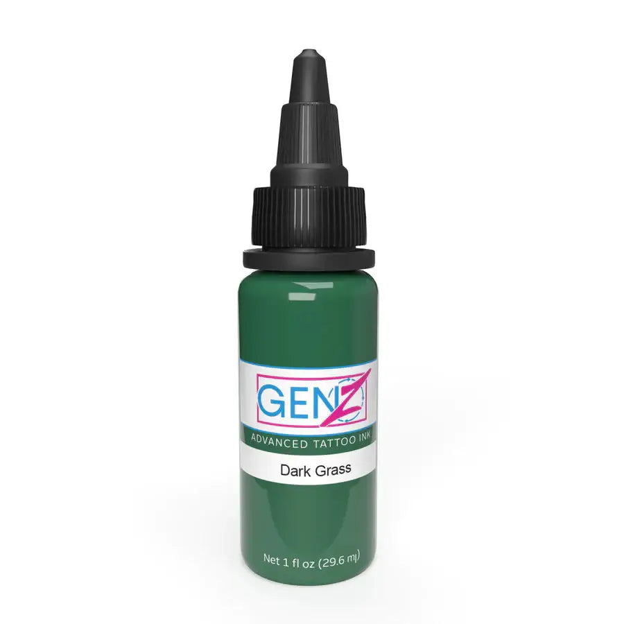 A sleek green genz advanced tattoo ink bottle with black dropper cap labeled dark grass by Intenze new formula 2023