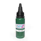 Eine elegante grüne Gen-Z-Tattoo-Farbenflasche mit schwarzem Tropfverschluss, beschriftet mit Dark Grass von Intenze, neue Formel 2023