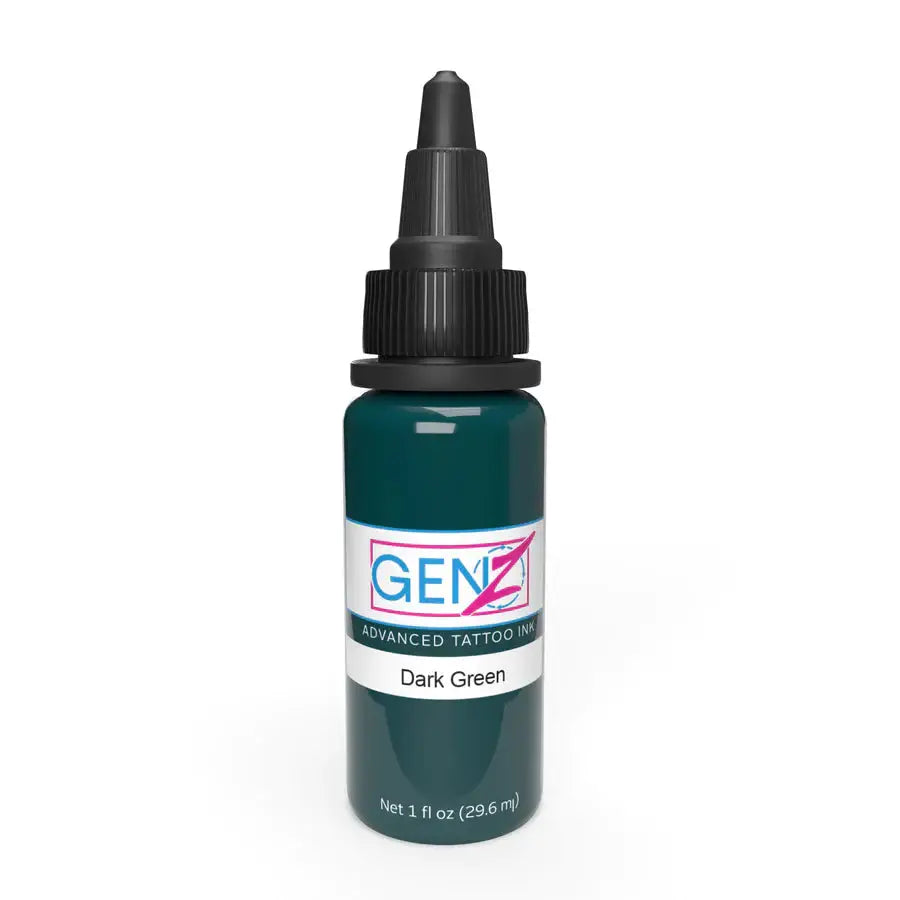 Intenze gen-z dark green tattoo ink bottle with black dropper cap and new 2023 advanced formula for tattooing