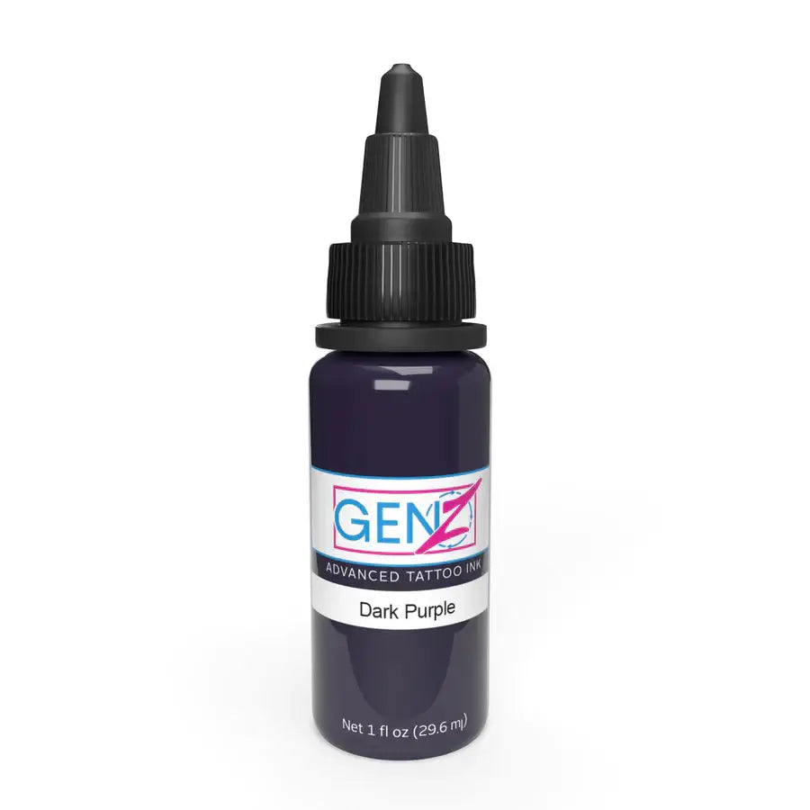 Dark purple genz advanced tattoo ink in a 1 fl oz bottle with a black dropper cap by INTENZE