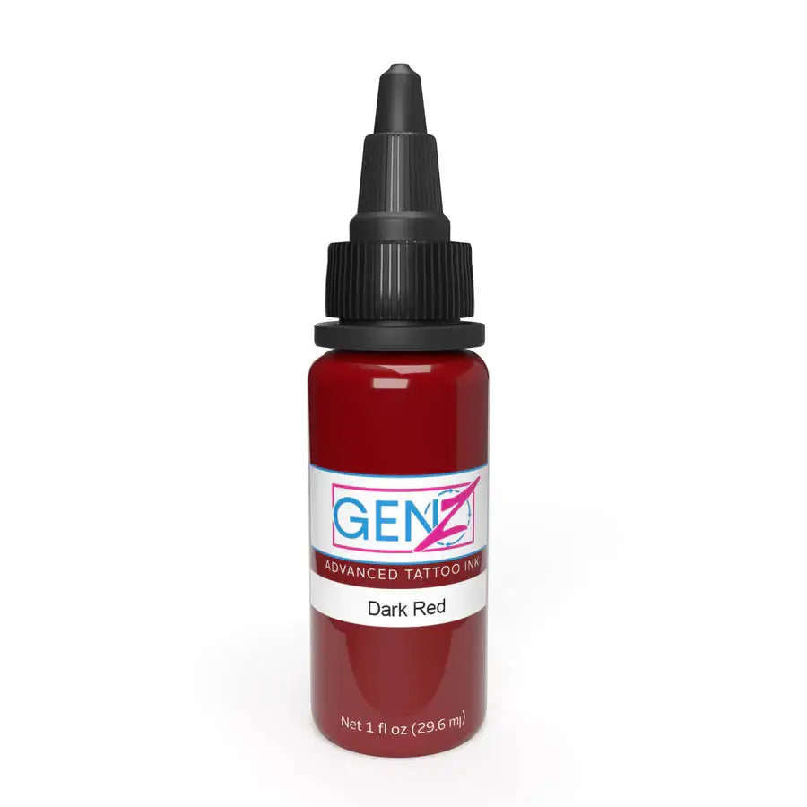 A sleek glossy dark red bottle of intenze gen-z advanced tattoo ink with new formula 2023 in dark red shade