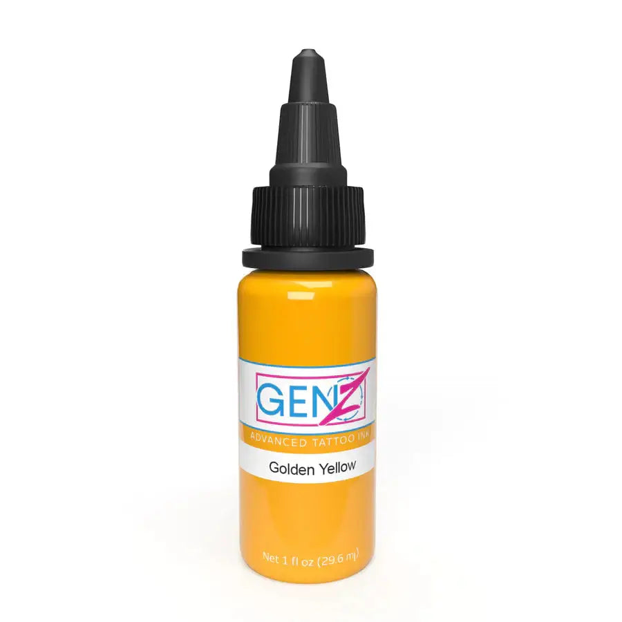 A vibrant golden yellow tattoo ink bottle with a black dropper cap labeled genz by INTENZE for tattooing