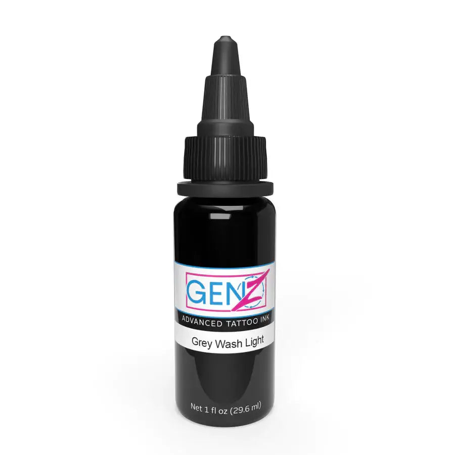 Black genz tattoo ink bottle by Intenze with black dropper cap labeled grey wash light color for advanced shading