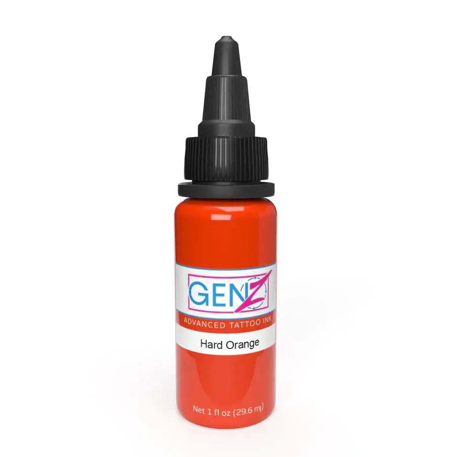 Intenze gen-z hard orange tattoo ink vibrant orange liquid in a sleek plastic bottle with black dropper cap