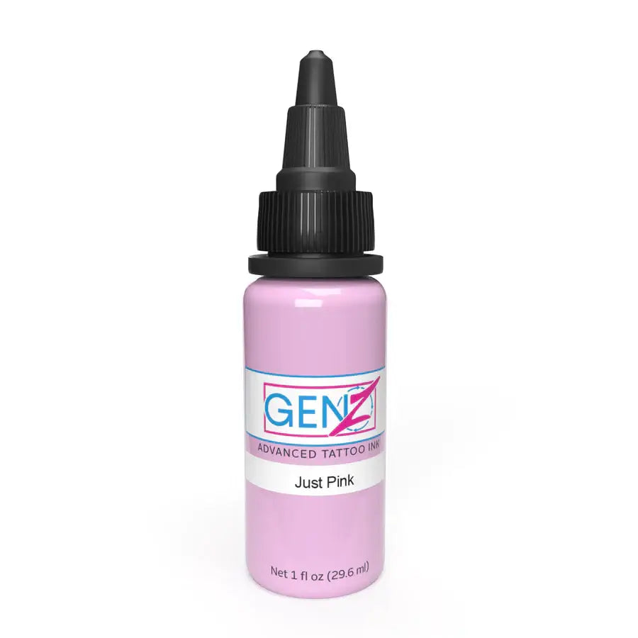 A sleek 1 fl oz bottle of INTENZE gen-z advanced tattoo ink in just pink with a matte black dropper cap and minimalist label