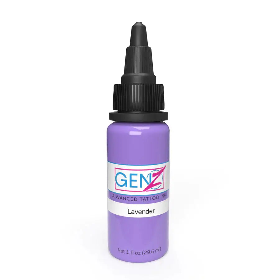 A sleek 1 fl oz bottle of INTENZE genz advanced lavender tattoo ink with black dropper cap and label