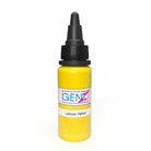 Leuchtend gelbe intenze Gen-Z Lemon Yellow Tattoo-Farben-Flasche mit schwarzem Tropfverschluss und sichtbarem, detailliertem Etikett