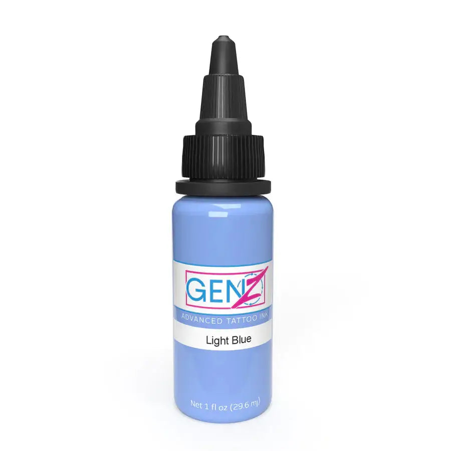 A sleek light blue genz tattoo ink bottle with black dropper cap labeled light blue intenze new formula 2023