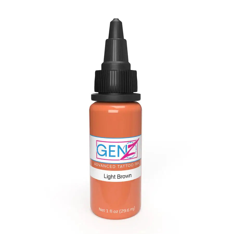 A sleek 1 fl oz bottle of Intenze gen-z light brown tattoo ink with a black dropper cap and glossy orange body