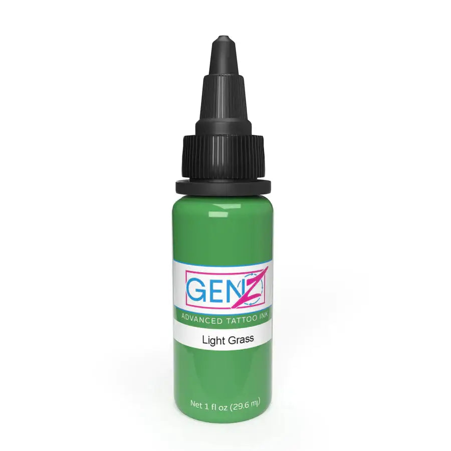 A vibrant green Intenze Gen-Z light grass tattoo ink bottle with black dropper cap and new 2023 formula label