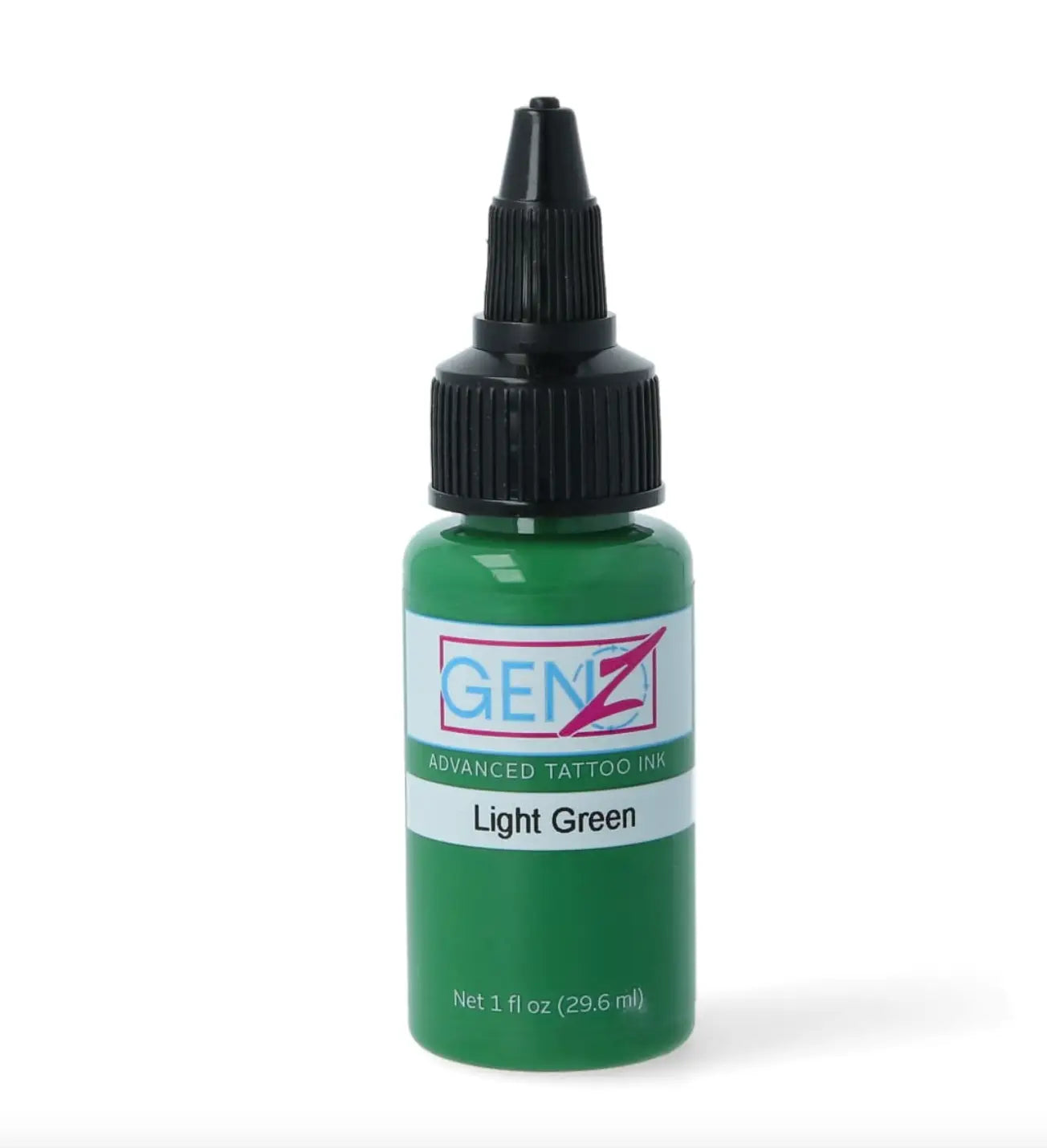 A small green bottle of intenze gen-z light green advanced tattoo ink with a black dropper cap and brand label