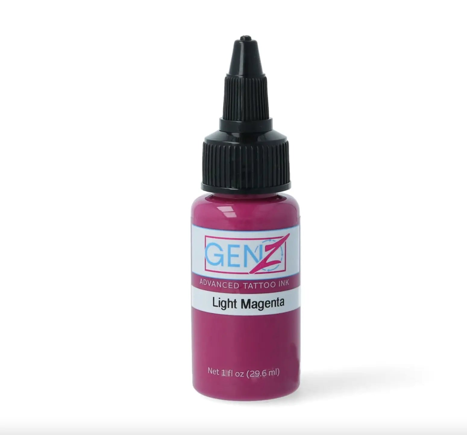 A small bottle of intenze gen-z advanced tattoo ink in light magenta with a black screw-top cap and clear label