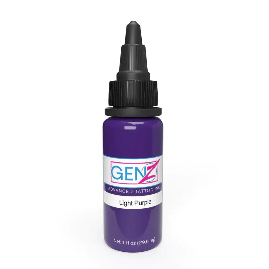 A sleek 1 fl oz bottle of Intenze genz advanced light purple tattoo ink for professional body art use