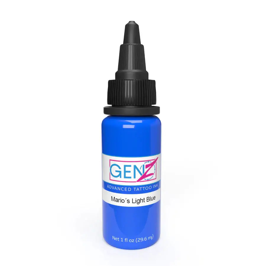 A vibrant blue Intenze gen-z mario’s light blue tattoo ink bottle with black dropper cap and new 2023 formula