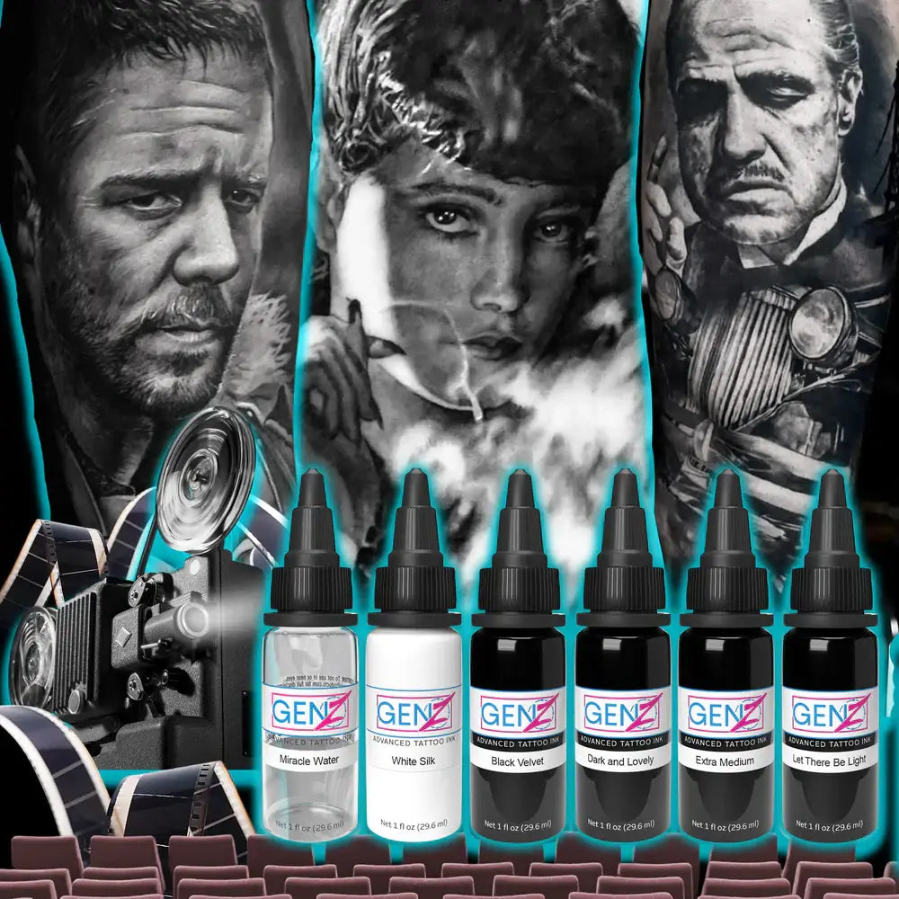 Six bottles of intenze gen-z advanced tattoo ink in clear white black and dark brown tones 6x30ml set