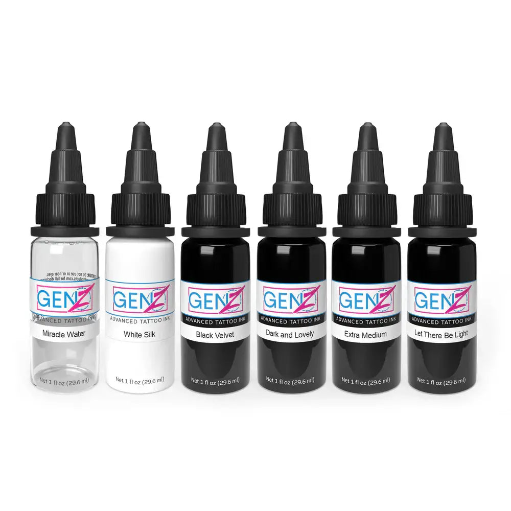 Set of six intenze gen-z advanced tattoo ink bottles in clear white and black shades with black caps for professional use