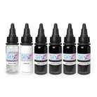 Set de six bouteilles d'encre de tatouage intenze Gen-Z, en couleur blanc transparent et noir, avec bouchons noirs pour usage professionnel