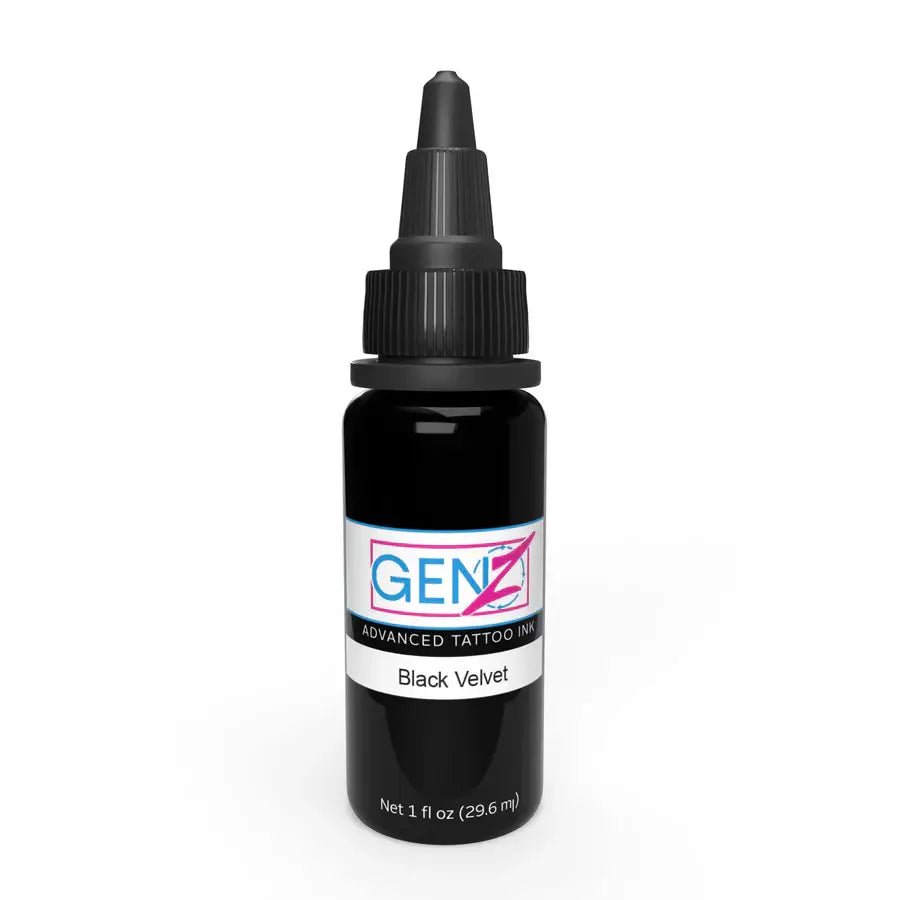 Black genz tattoo ink bottle from Intenze marked black velvet color with black dropper cap for advanced use
