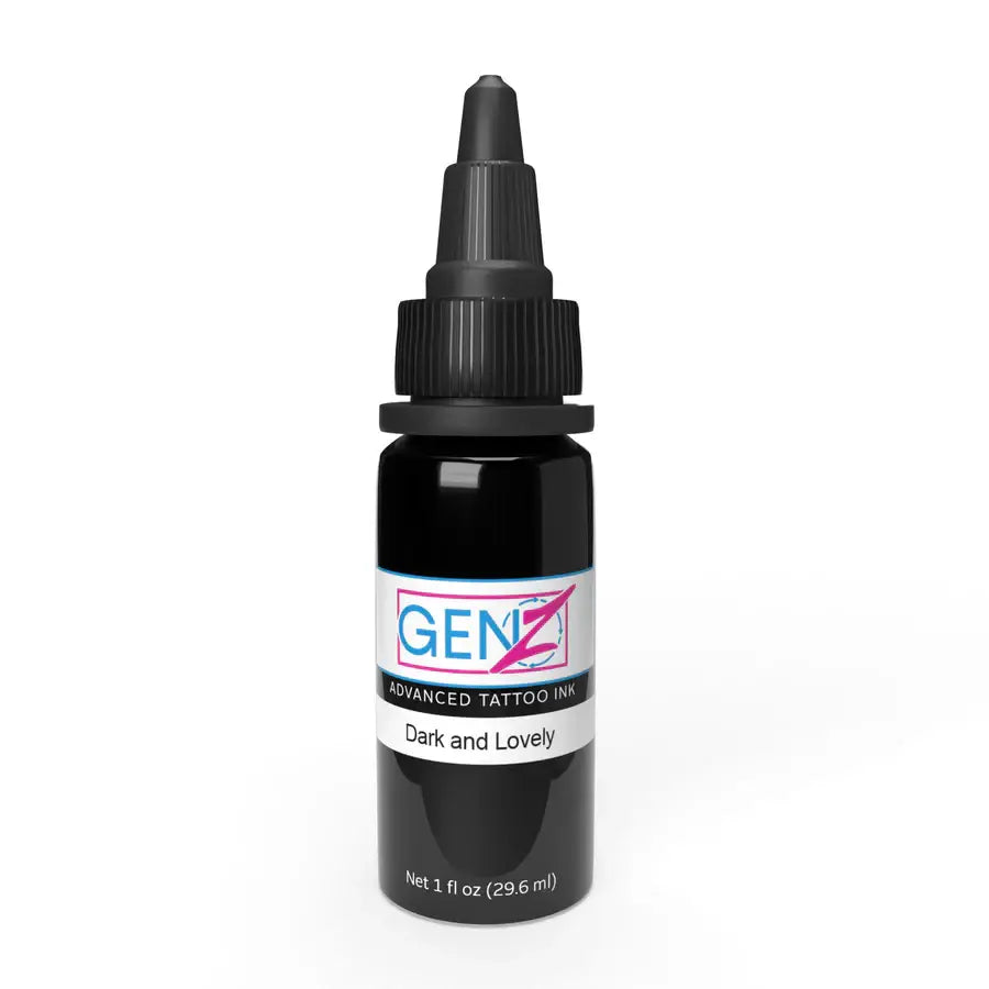 Black genz advanced tattoo ink bottle with black dropper cap labeled dark and lovely from intenze mark mahoney set