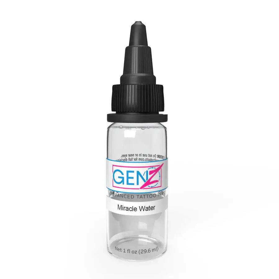 Clear glass bottle of genz miracle water advanced tattoo ink with black dropper cap 1 fl oz for intense color