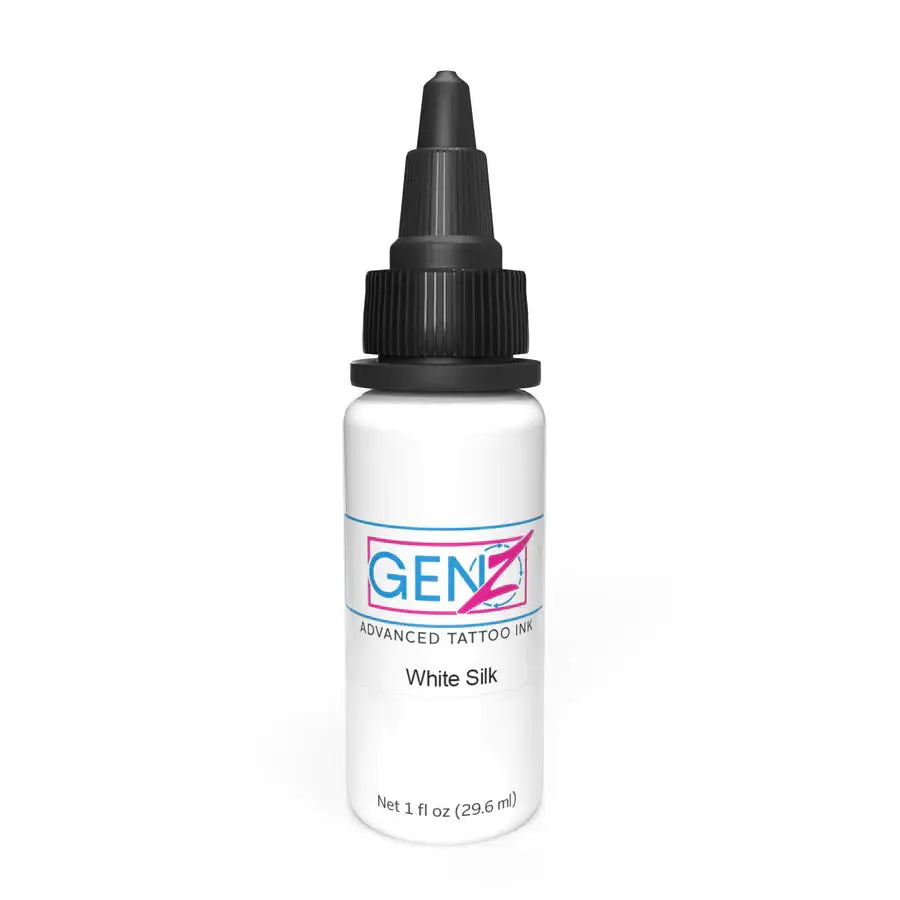 A sleek white bottle of intenze gen-z advanced tattoo ink in white silk shade with black dropper cap and minimalist label