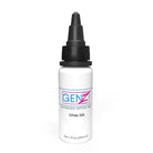 A sleek white bottle of intenze gen-z advanced tattoo ink in white silk shade with black dropper cap and minimalist label