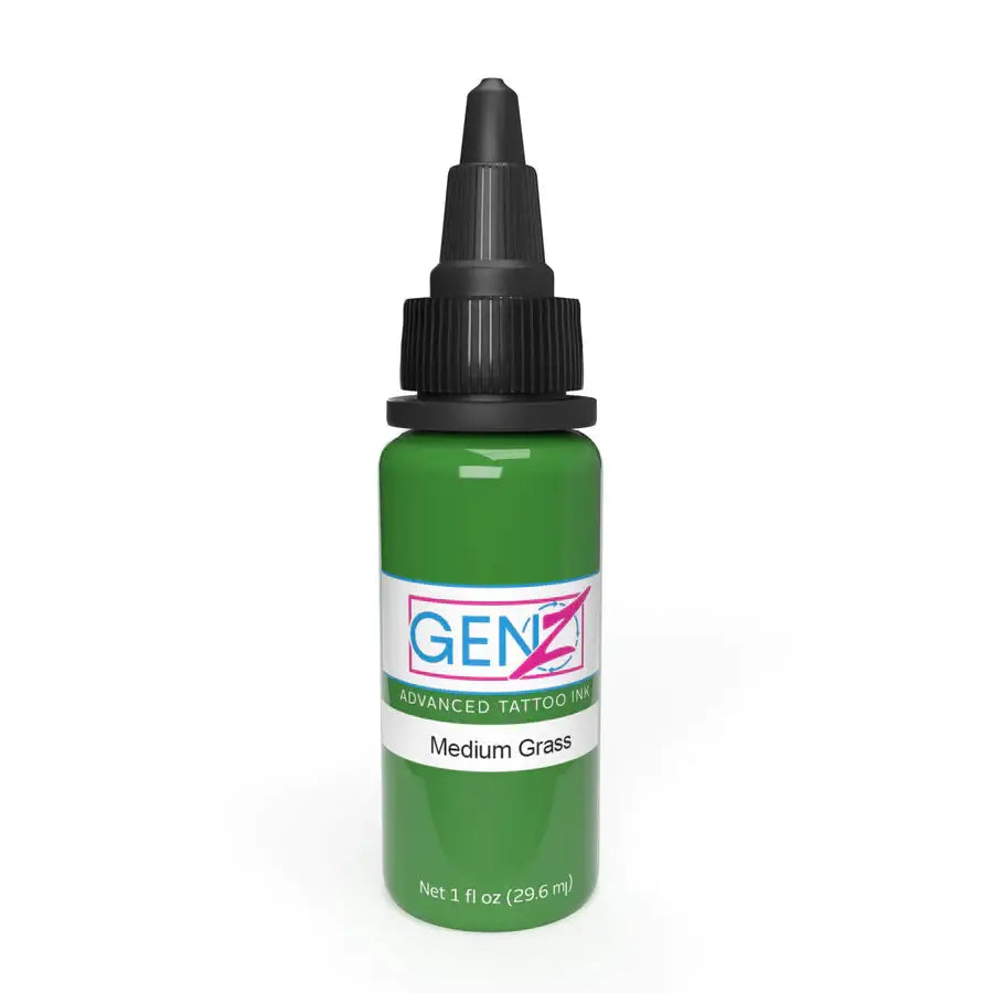 A green genz advanced tattoo ink bottle with black dropper cap labeled medium grass for intenze new formula 2023
