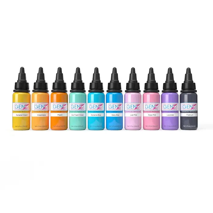 A row of ten intenze gen-z pastel color tattoo ink bottles with black caps labeled in vibrant shades like banana cream and lavender