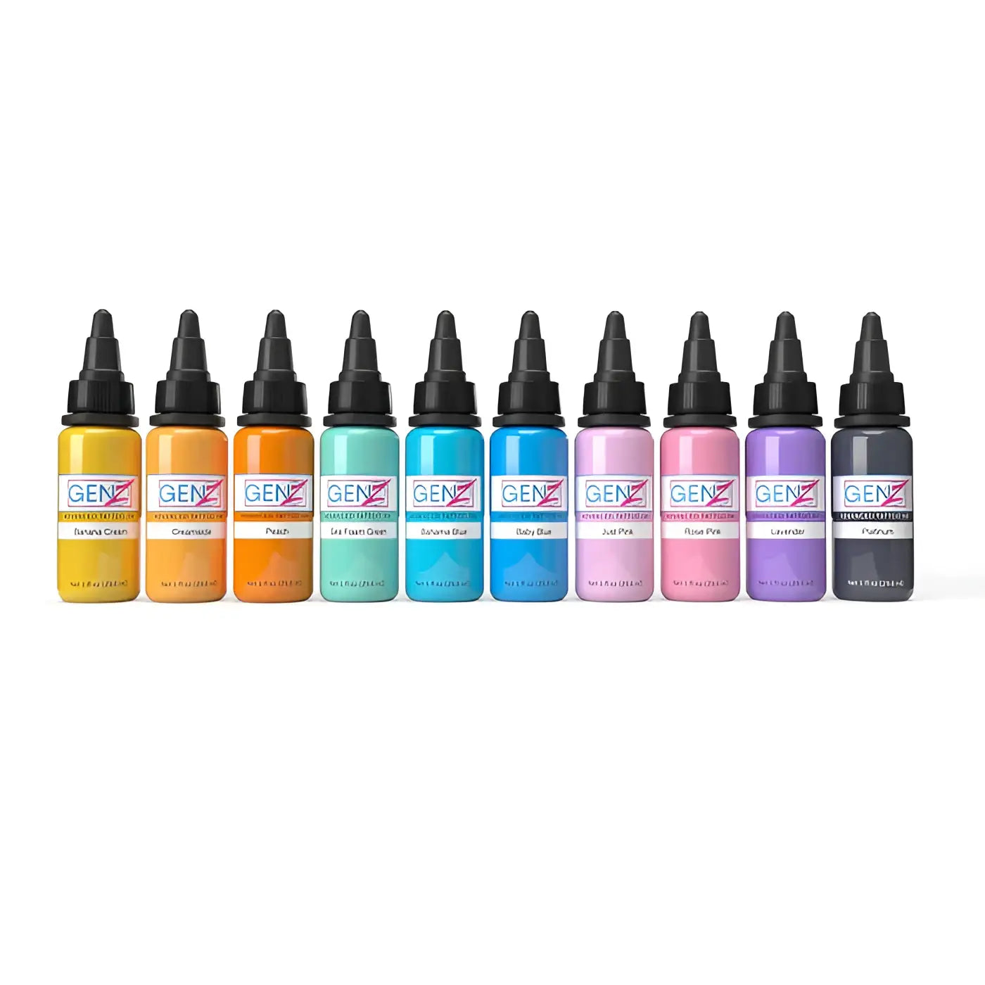 Une rangée de dix bouteilles de couleur intenze pastel pour tatouage, à bouchons noirs, aux teintes vives comme crème de banane et lavande.