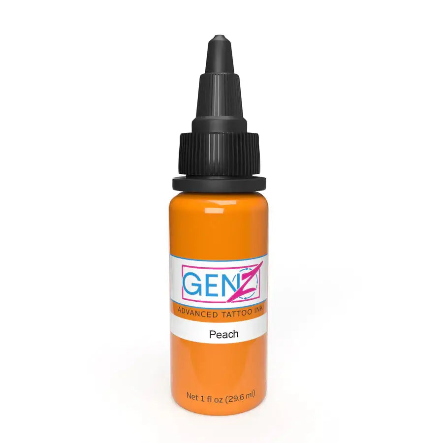 A vibrant orange genz advanced tattoo ink bottle with black dropper cap labeled peach from intenze gen-z line