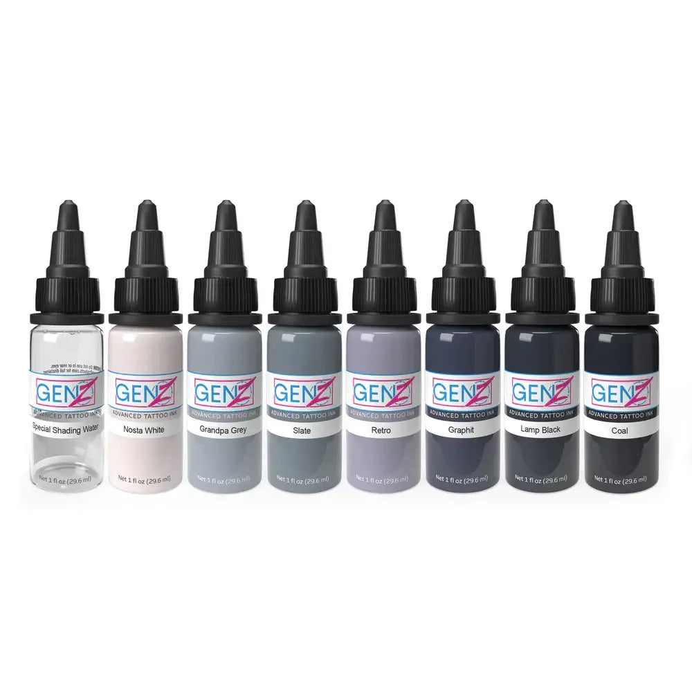 Set of seven Intenze genz advanced tattoo ink bottles in clear white grey and black shades Power Grey SET 30ml each