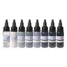 Set of seven Intenze genz advanced tattoo ink bottles in clear white grey and black shades Power Grey SET 30ml each