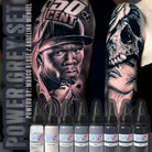 Power grey set tattoo ink bottles in a row featuring genz branding and colors including white grey slate retro graphite lamp black and coal