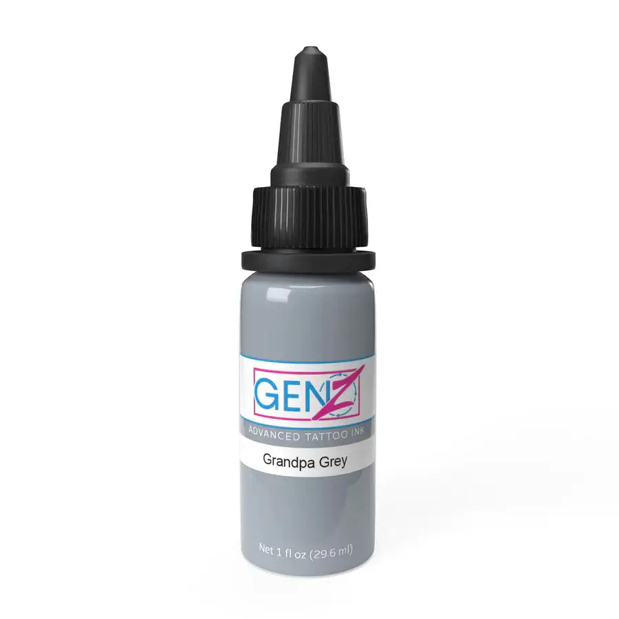A sleek translucent gray bottle of intenze genz advanced tattoo ink in grandpa grey from the power grey set